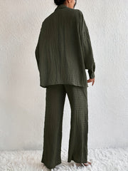 Solid Button-Up Long Sleeve Blouse & Wide Leg Pants Set