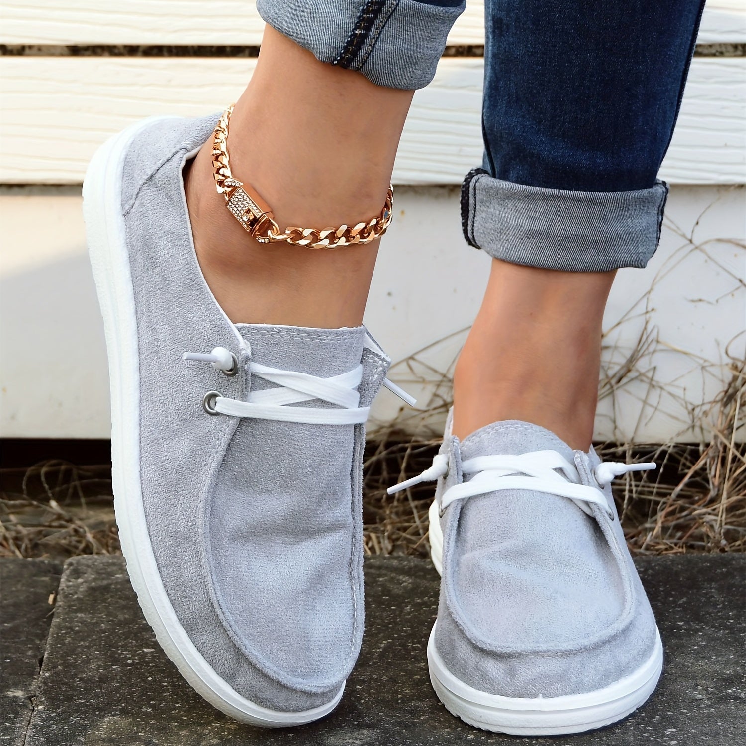 Women's Gray Boat Shoes Slip-On Walking Sneakers
