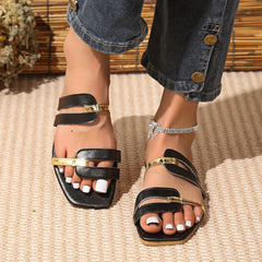 Women's Colorblock Flat Slippers Square Open Toe Non Slip