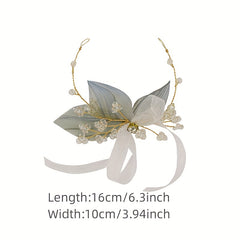 Mesh Ribbon Head Piece With Faux Pearl And Crystal Beads