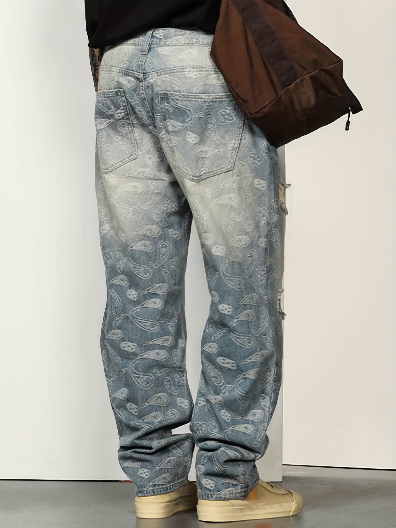 Men's Paisley Patchwork Jeans Loose Fit Casual Street Style