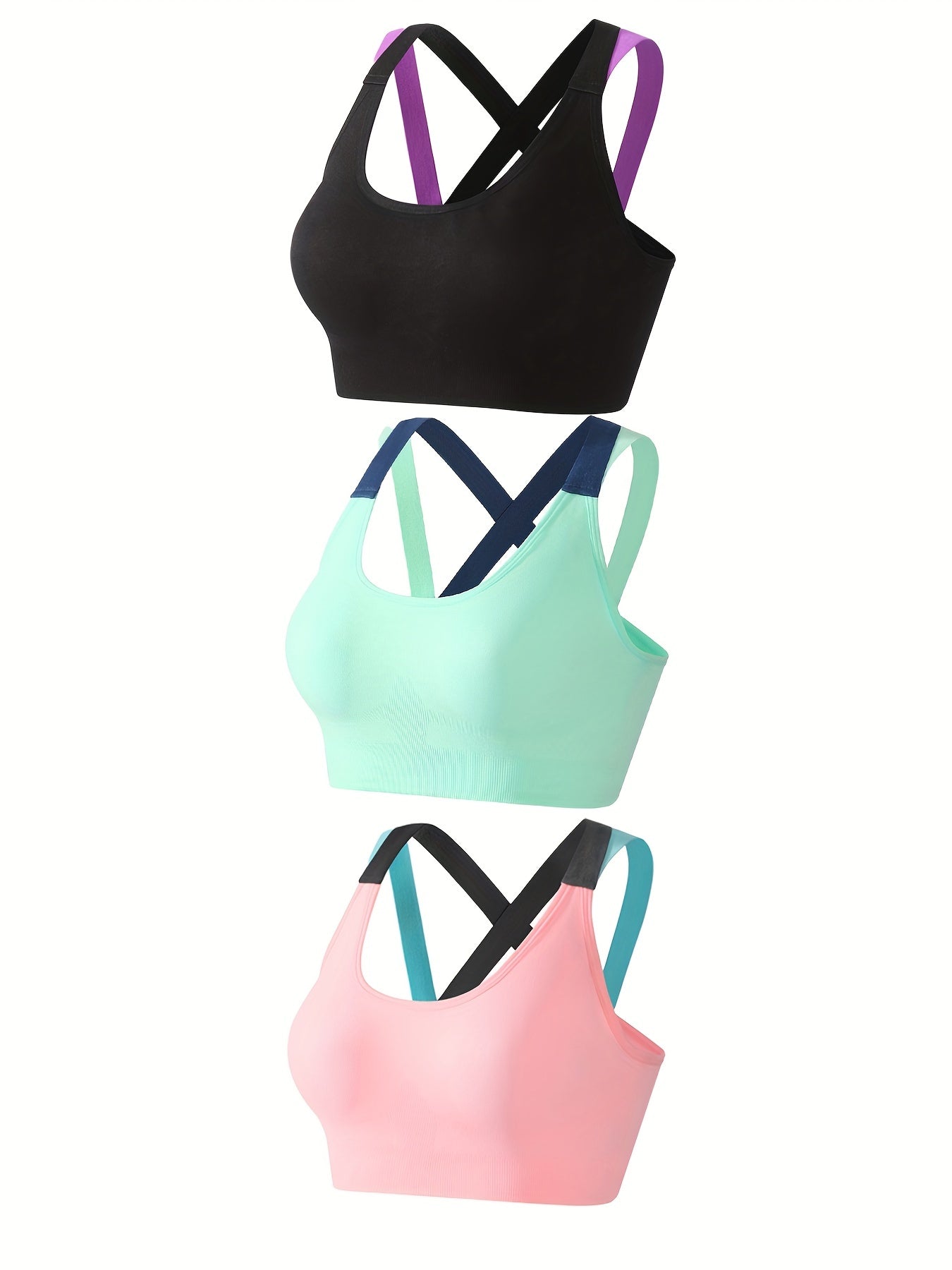 3pcs Criss Cross Sports Bras Colorblock Running Workout Bra Lingerie