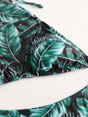 Plant Graphic Bikini Sets Halter V Neck High Cut Swimsuit Women's Swimwear