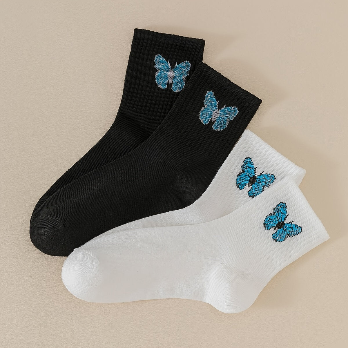 2 Pairs Butterfly Print Ribbed Socks Women's Mid Tube Stockings