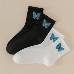 2 Pairs Butterfly Print Ribbed Socks Women's Mid Tube Stockings