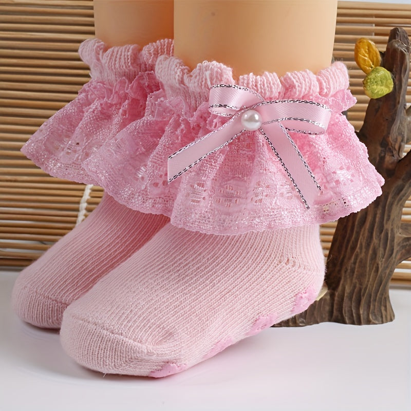 3 Pairs Baby Girls Lace Ruffled Socks with Bow Non-slip Cotton Socks
