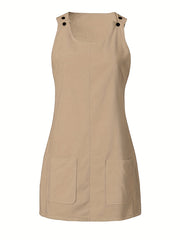 Solid Sleeveless Button Dress With Pockets Women's Clothing