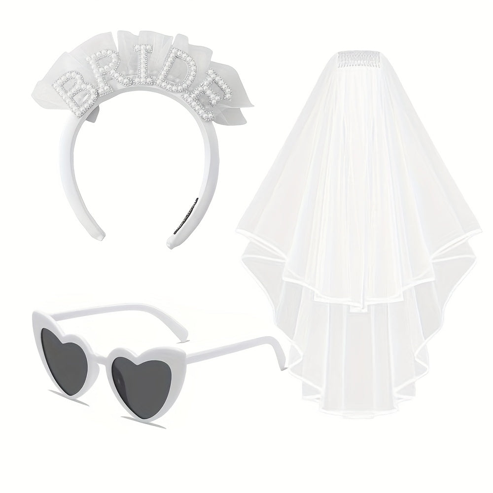 3pcs Wedding Veil & Pearl Headband Set Bachelorette Bride Accessori