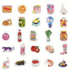 50pcs Pink Mediterranean Artistic Stickers Honey Fruits Vegetables Cat PVC