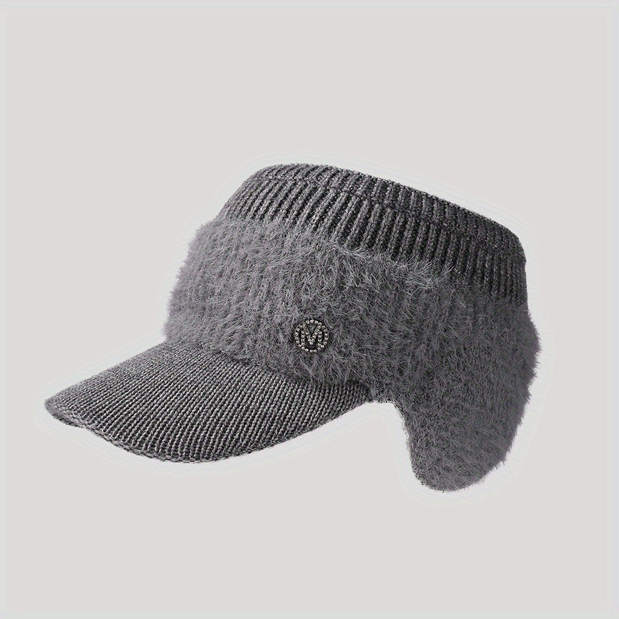 Rhinestone M Label Knit Hat Solid Thick Cold Proof Ear Protection Warm Hat