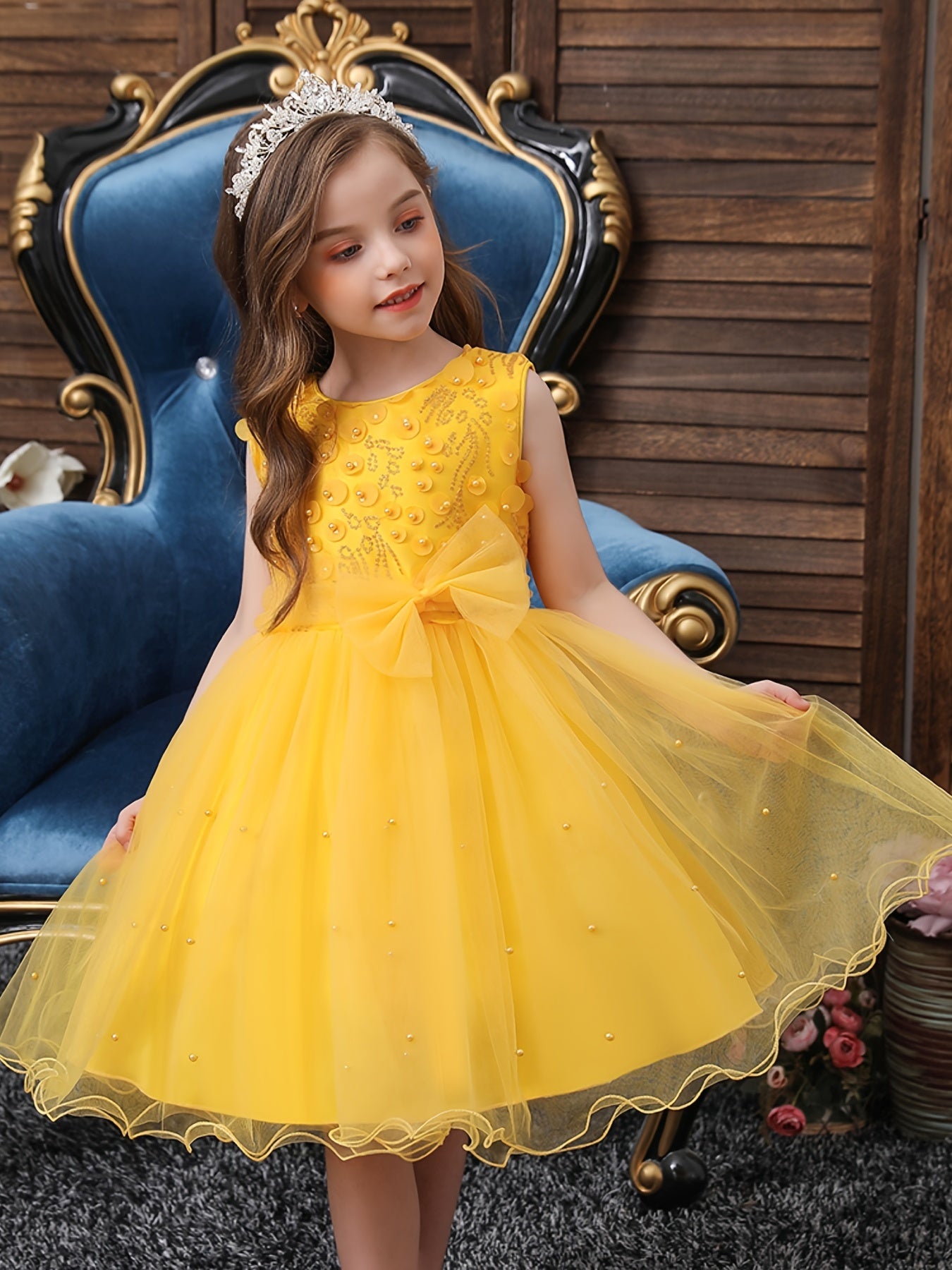 Girls Princess Dress Bow Sequin Tulle Tutu Dress Wedding Flower Girls