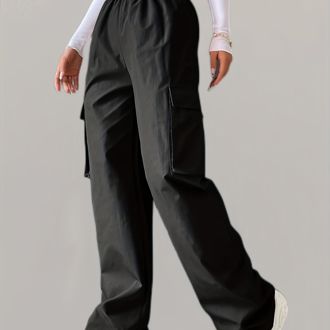 Elastic Waist Wide Leg Cargo Pants w/ Pockets