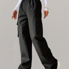 Elastic Waist Wide Leg Cargo Pants w/ Pockets