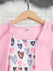 Girls Cartoon Heart Graphic Jumpsuit & Outwear Set - Summer Holiday Party