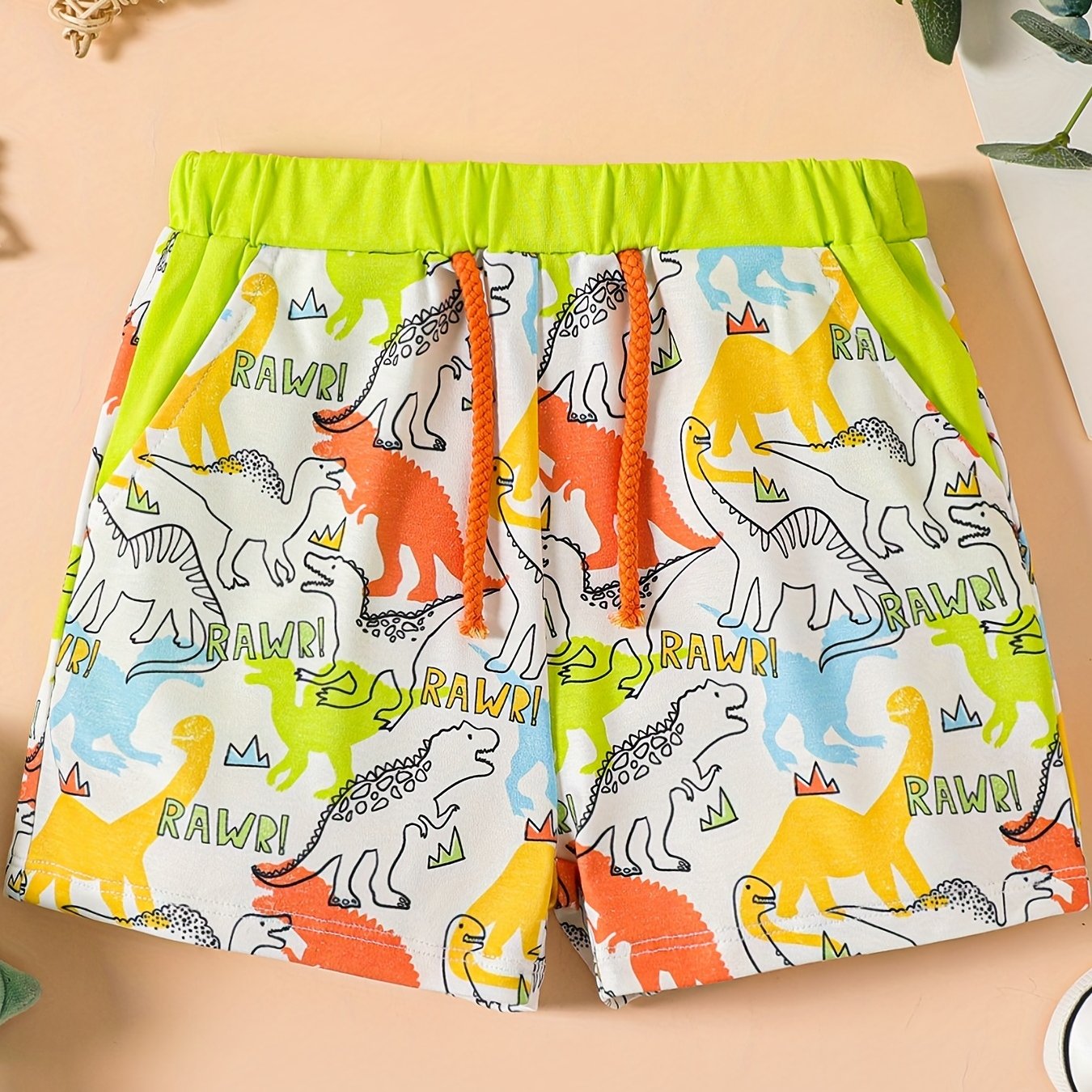 Cartoon Dino Print Boys Elastic Waist Shorts for Summer