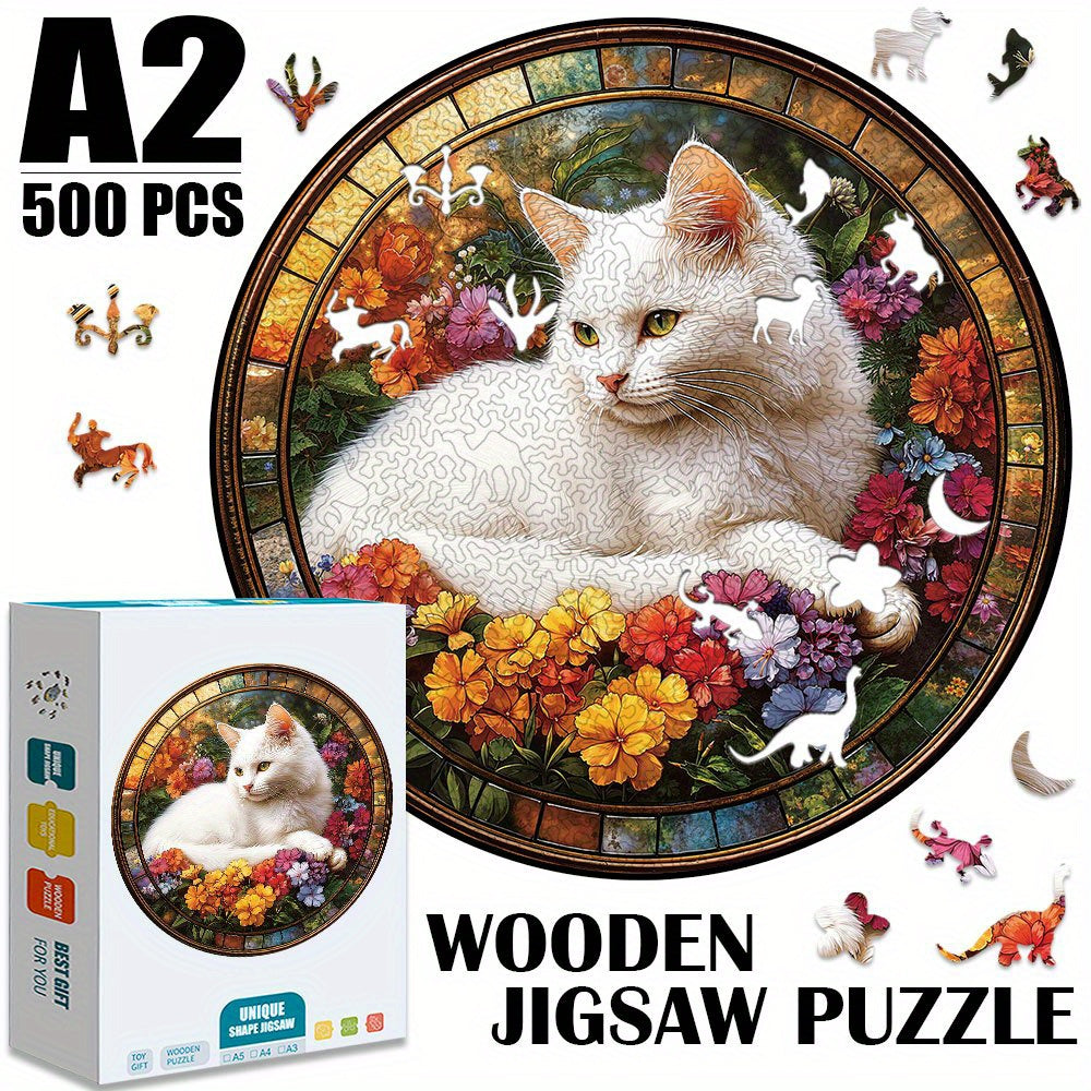 500pcs A2 Wooden Jigsaw Puzzle Cat in Garden High Difficulty