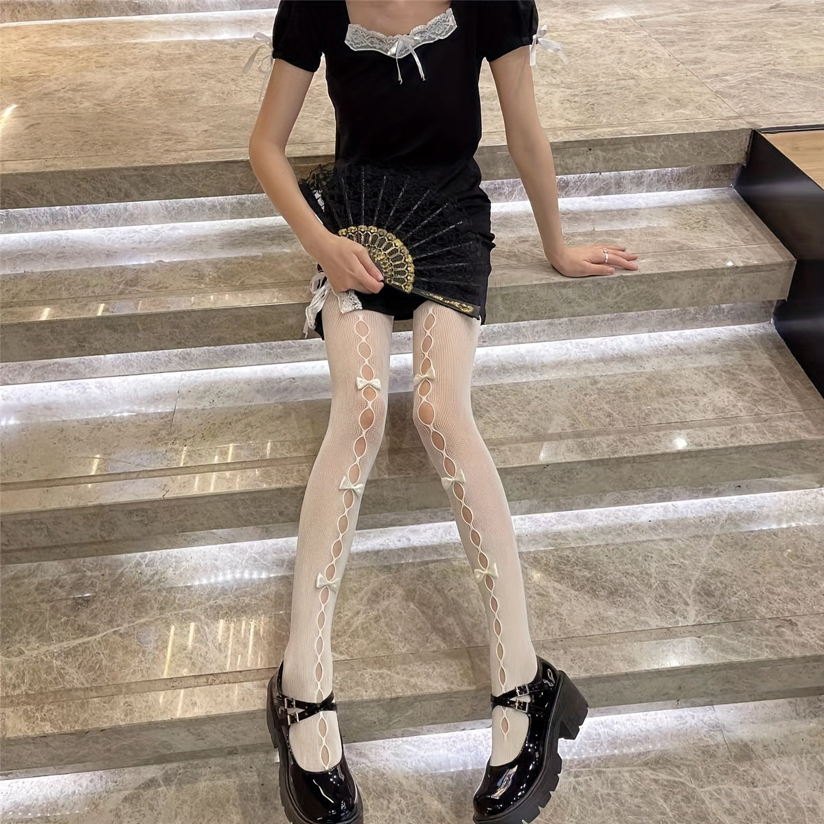 Bow Decor Tights High Waist Mesh Pantyhose Women's Stockings
