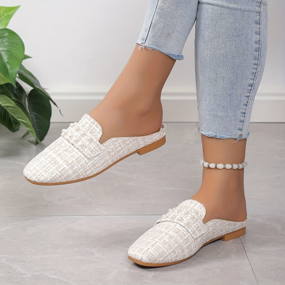Women's Faux Pearl Decor Flat Shoes Casual Square Toe Slip On Loafers