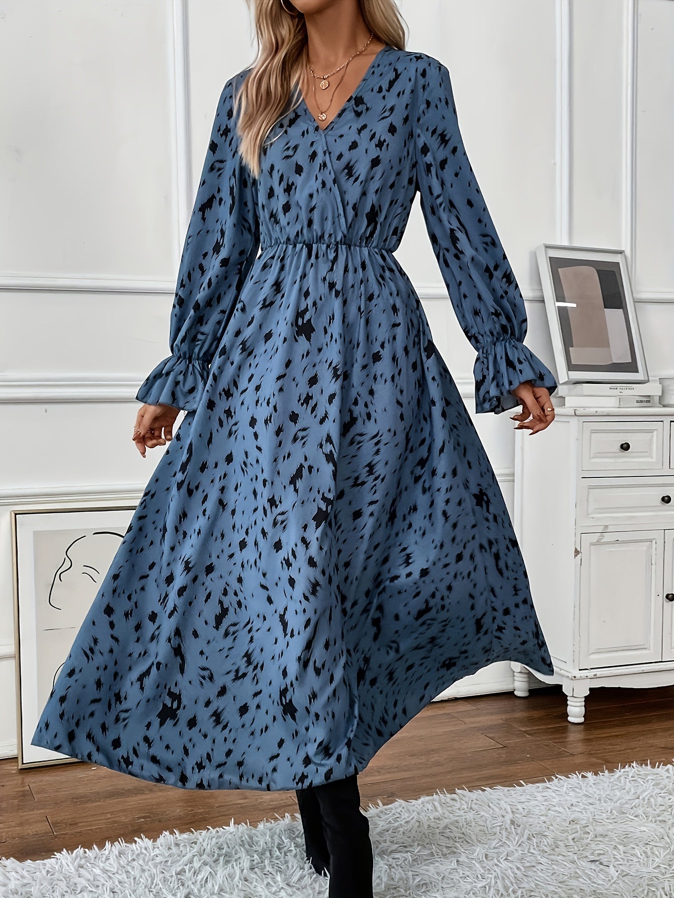 Leopard Print Lantern Sleeve Maxi Dress