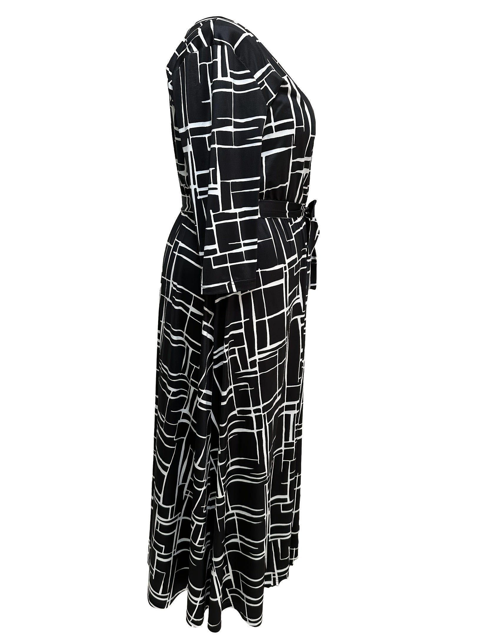 Geometric Print Long Sleeve Maxi Dress With Belt