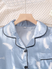 Women's Satin Feather Print Pajama Set Long Sleeve Button Up Tops & Pants