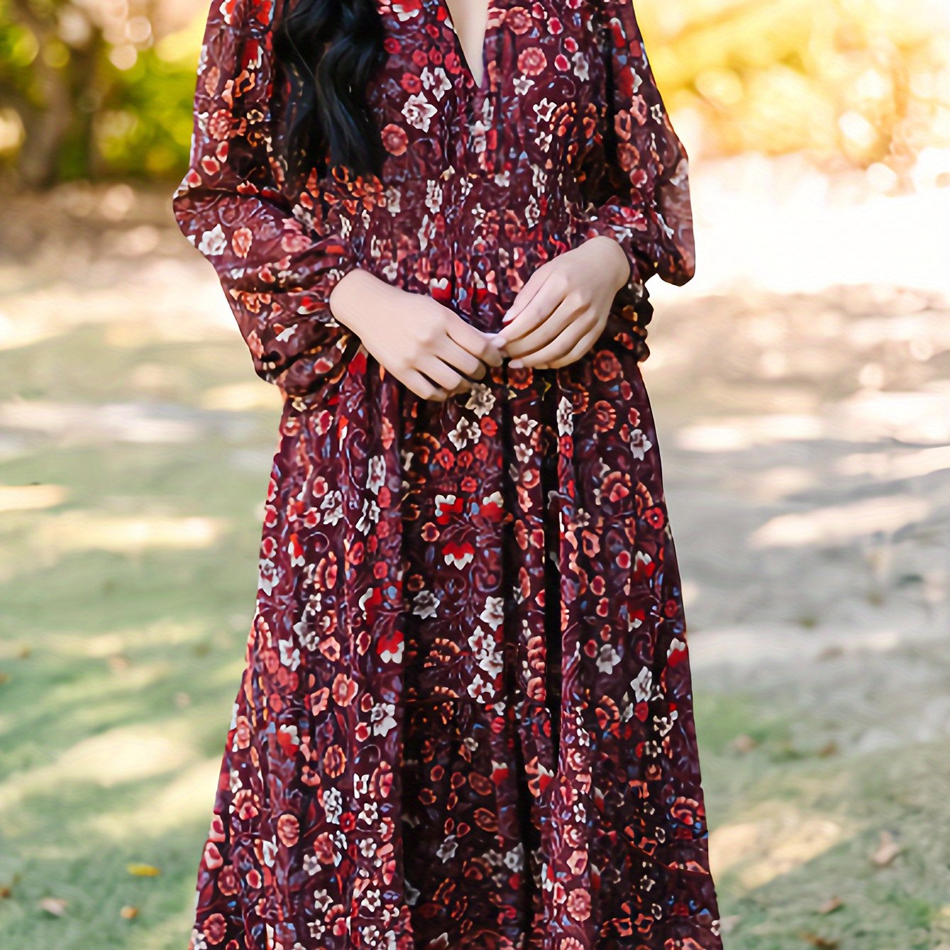 Floral Print Long Sleeve V Neck Waist Dress