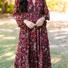Floral Print Long Sleeve V Neck Waist Dress