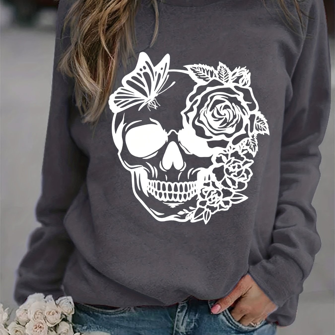 Rose Skull Print Loose Sweatshirt Casual Long Sleeve Crew Neck Women's Clothing