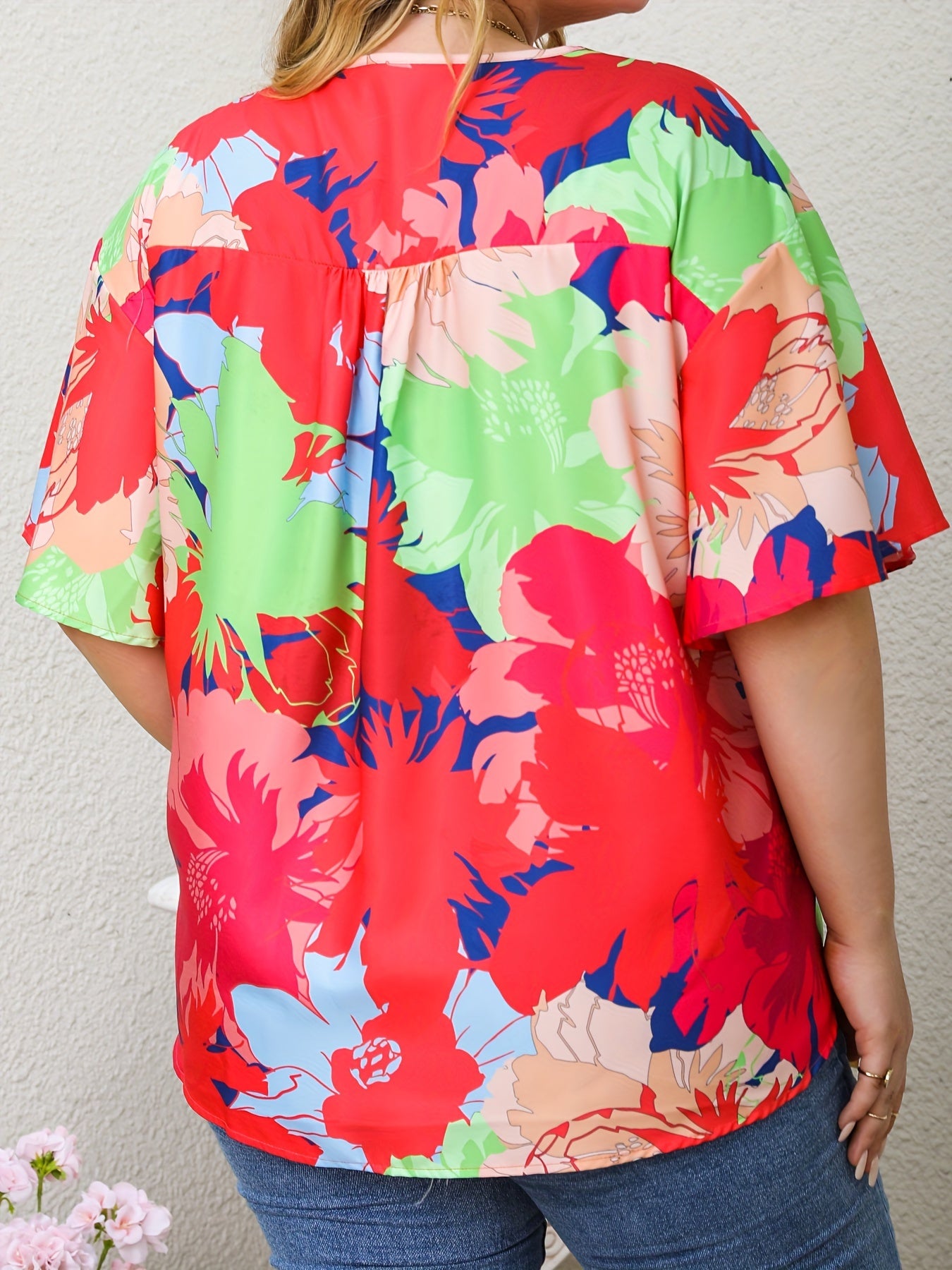 Casual Blouse Women's Plus Contrast Floral Print Half Butterfly Sleeve