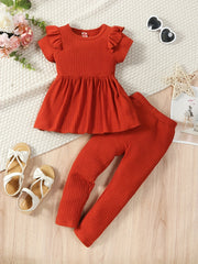 2pcs Toddler Girls Ruffle Peplum Tops & Elastic Waist Pants Set