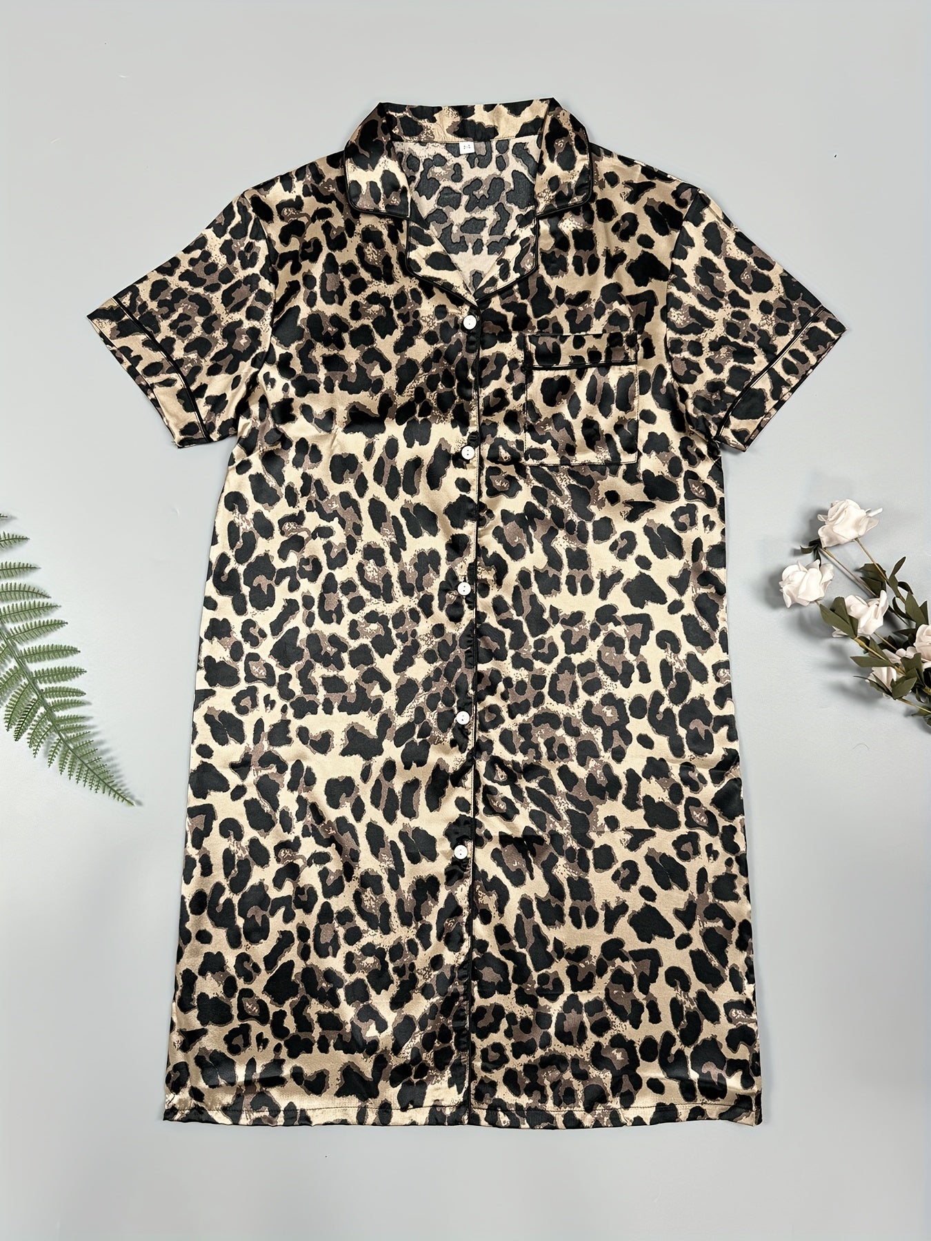 Leopard Satin NightDress Short Sleeve Pajama Dress Women's Sleepwear
