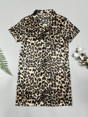 Leopard Satin NightDress Short Sleeve Pajama Dress Women's Sleepwear