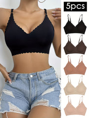 5 Seamless Wireless Bras Comfy & Breathable Scallop Trim Women's Lingerie