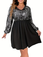 Colorblock Dot Print Lantern Sleeve V Neck Mini Dress