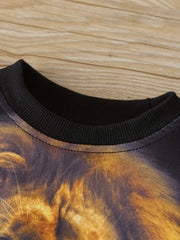 Lion Print Boys Casual Pullover Sweatshirt Crew Neck Tops