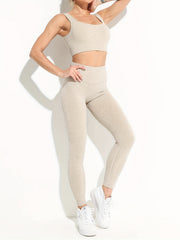 Rib Knit Yoga Set High Stretch Long Sleeve Top & Leggings Sports Suit