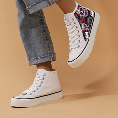 Skull & Rose Print High Top Canvas Sneakers