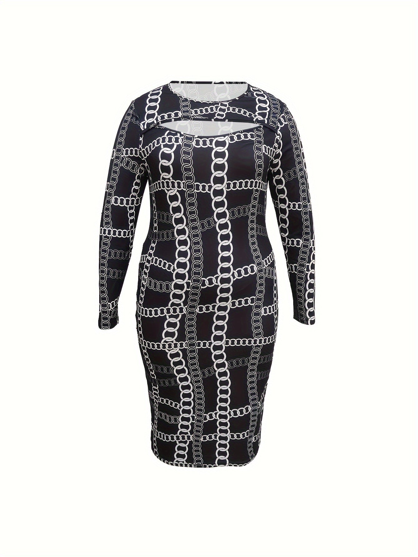 Plus Chain Print Cut Out Long Sleeve Midi Dress