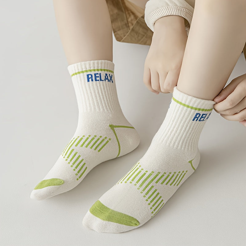 5 Pairs Boy's Striped Letter Crew Socks Cotton Blend Comfy Casual Style
