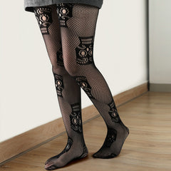 Skull Print Mesh Fishnet Stockings