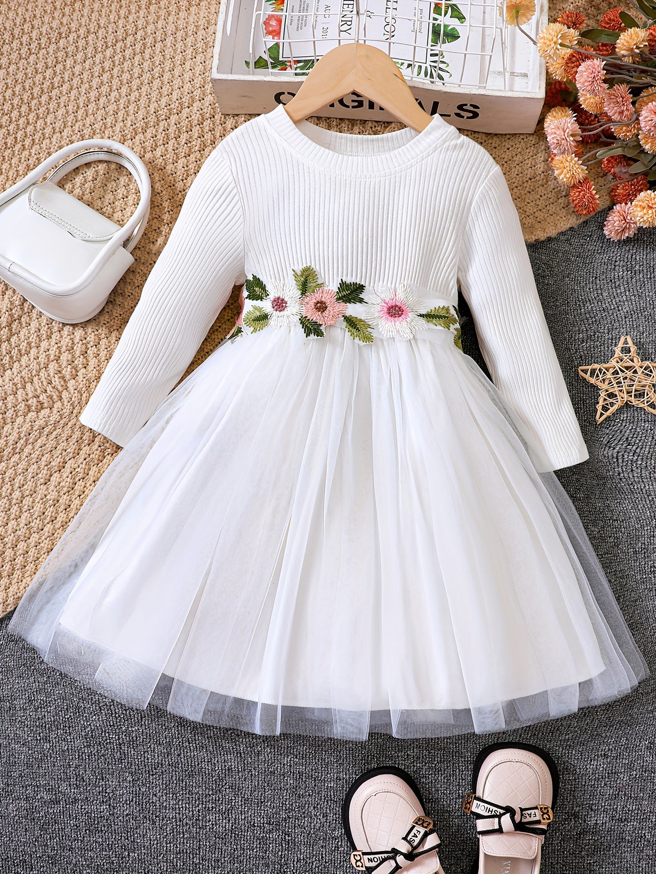 Girls Flowers Embroidered Belt Mesh Tutu Dress