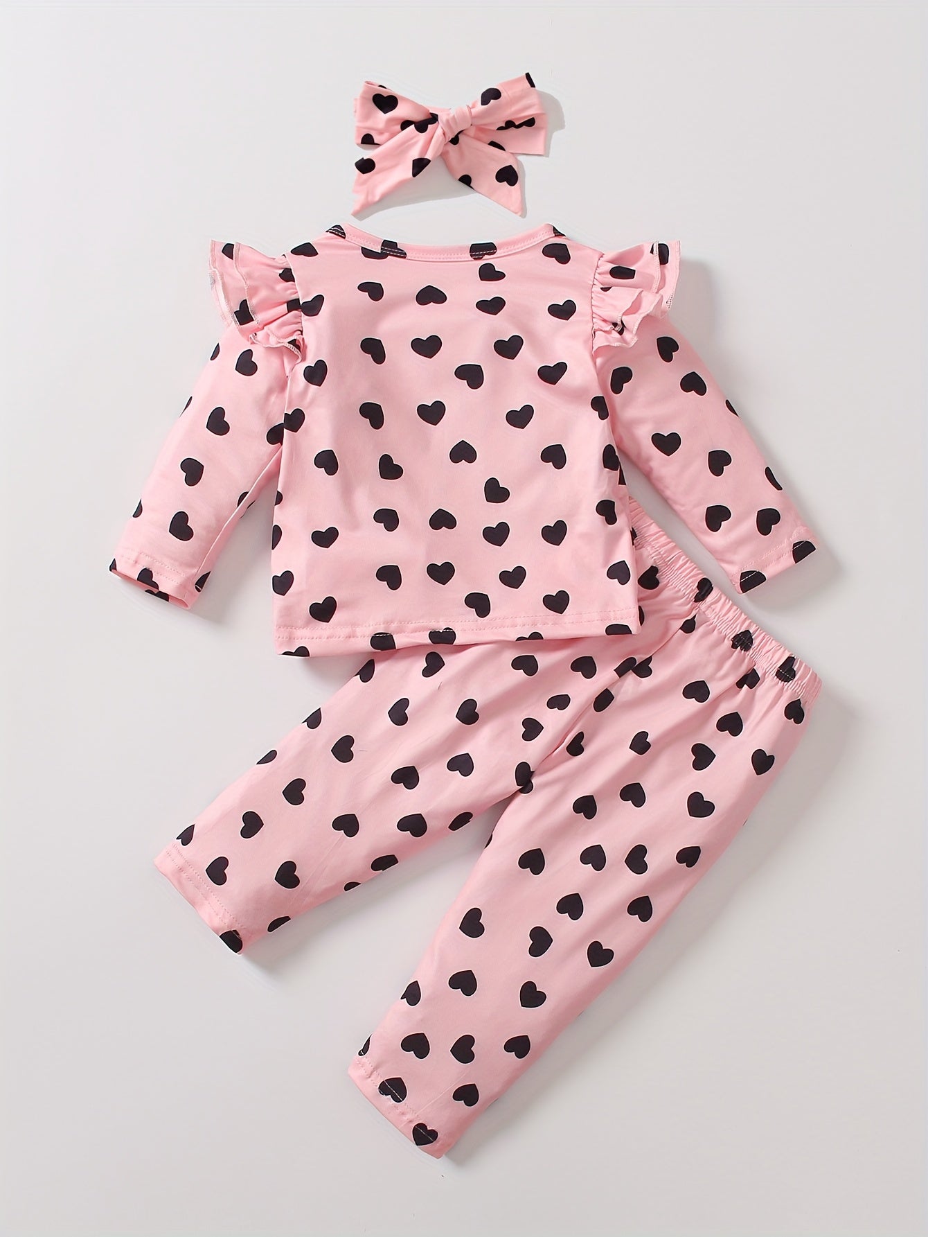 Toddler Girls Heart Print Outfit Ruffle Sleeve T shirt & Trousers & Headband