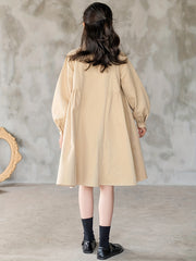 Girls Comfy Cotton Lapel Dress Thick Lantern Sleeve Button Up Dress
