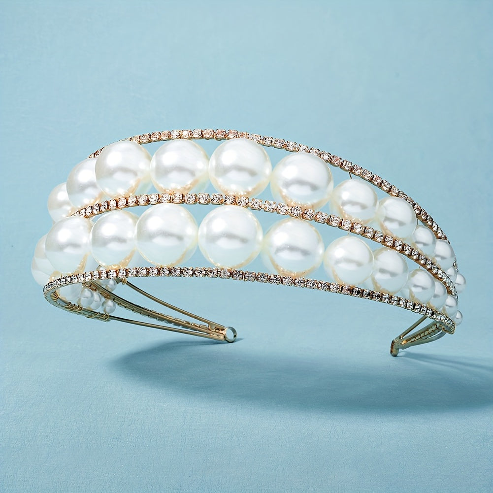 Wide Brim Headband Rhinestone Bride Crown Set 2 Tiers Pearl Hair Band