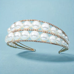 Wide Brim Headband Rhinestone Bride Crown Set 2 Tiers Pearl Hair Band