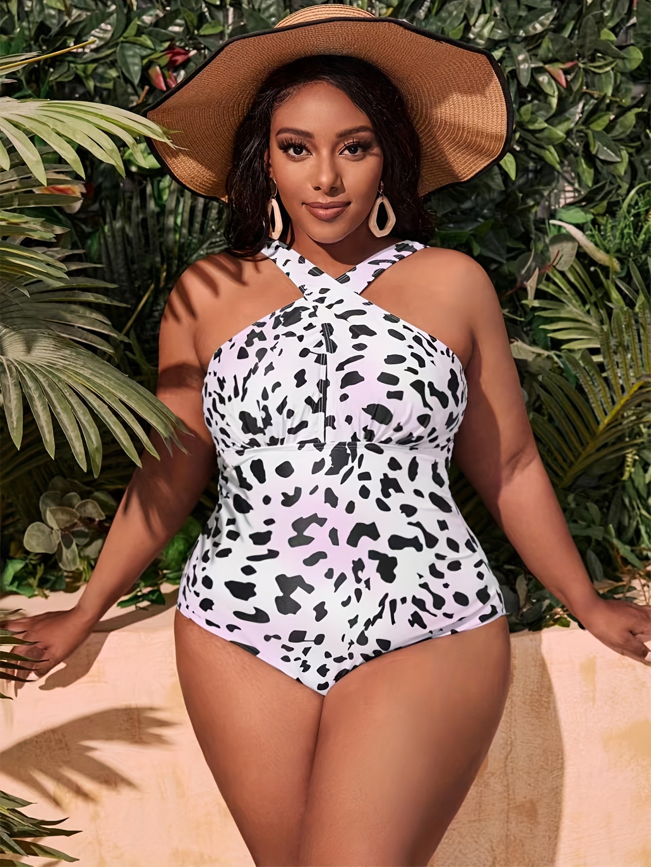 Tie Dye & Cow Print Halter One Piece Swimsuit