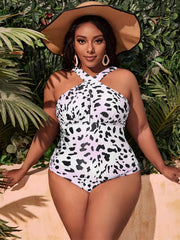 Tie Dye & Cow Print Halter One Piece Swimsuit