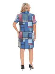 Women's Plus Denim Print Zipper Short Sleeve Turn Down Collar Dress