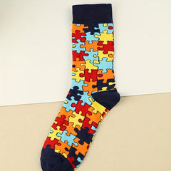 3 Pairs Puzzle Print Socks Comfy & Breathable Women's Mid Tube Stockings