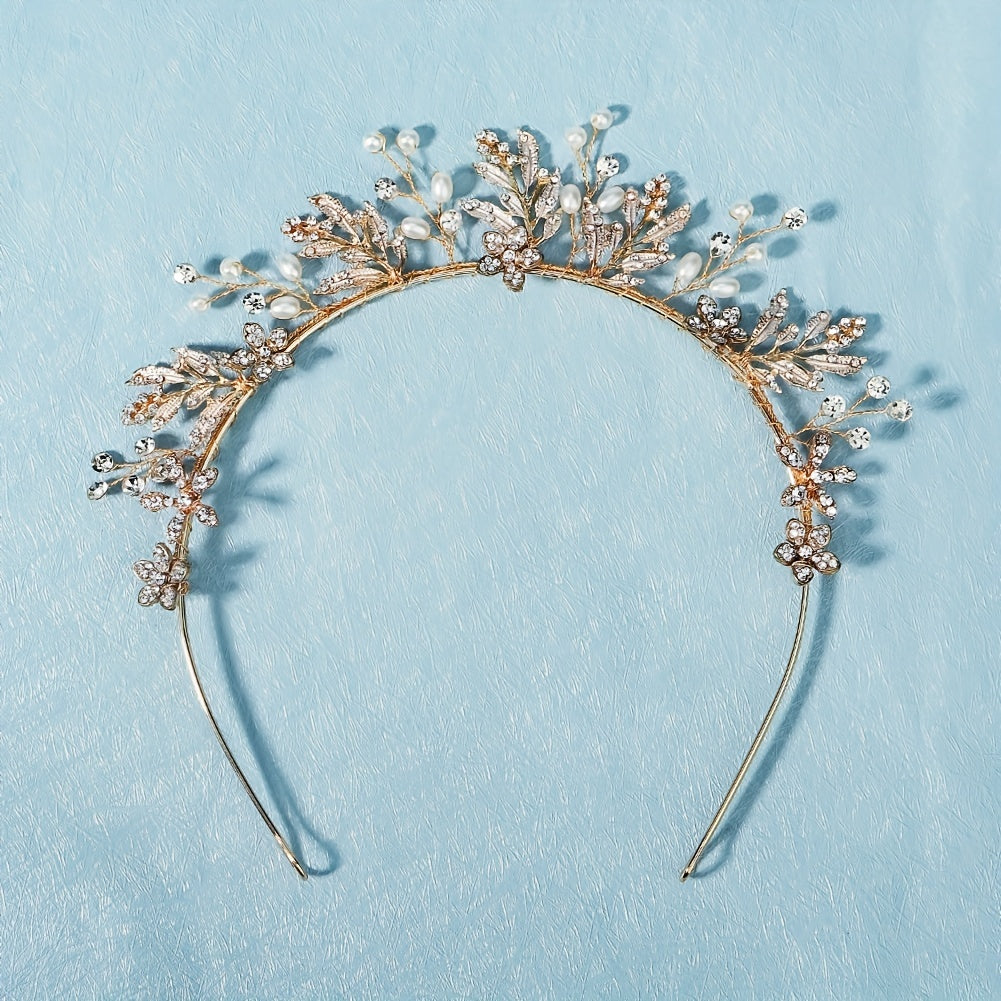 Alloy Leaf Rhinestone Headband Faux Pearl Crown Hair Accessories